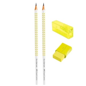 KIT ESCOLAR 2 LÁPIS PRETO+APONTADOR+BORRACHA GRIP NEON AMARELO FABER CASTELL